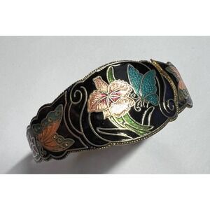 Vintage 80s Butterfly Floral Cloisonne Hinged Bracelet Gold Tone 2-1/2"